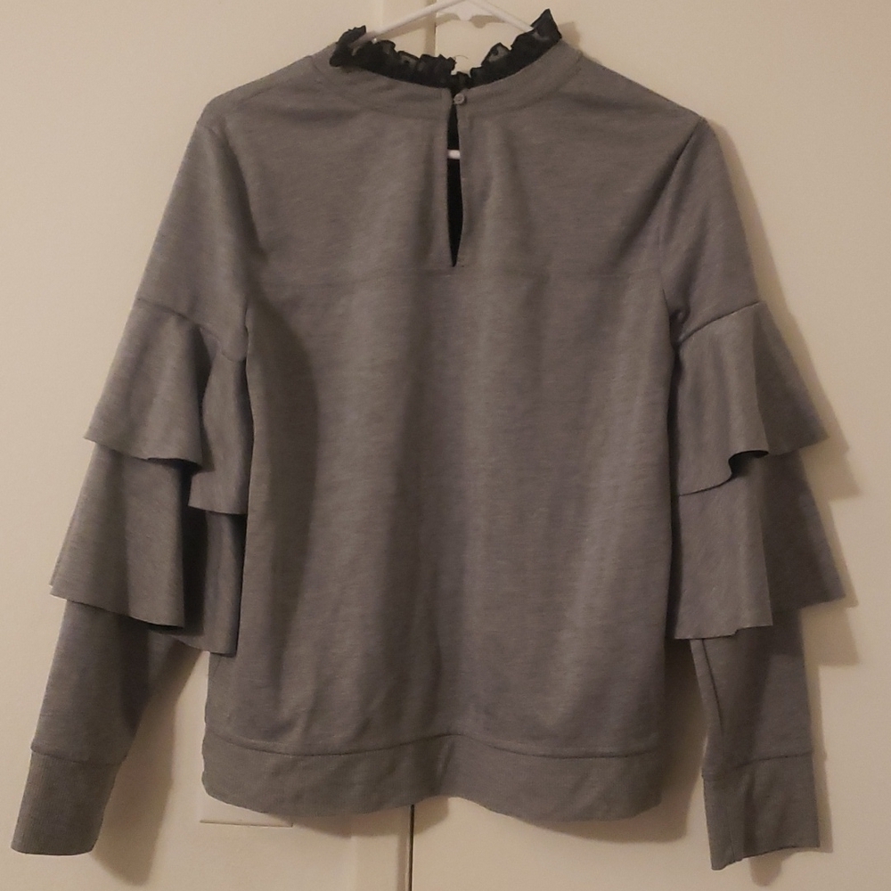 Chelsea28 Gray Ruffle Sleeve Blouse Mock Neck Lace Trim Feminine Chic - Picture 5 of 8